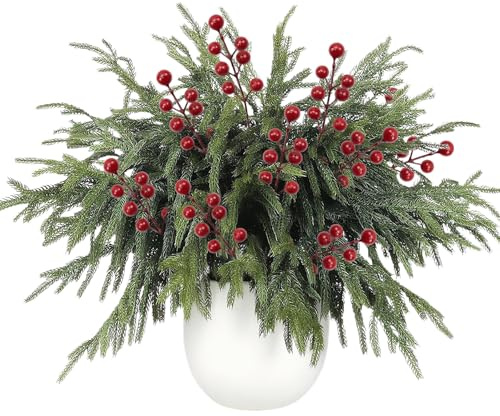 Uoxmiy 30pcs Christmas Norfolk Pine Branches Artificial Greenery Foliage 15pcs Red Berry Stems Christmas Greenery Foliage Sprigs Wreath Making DIY Home Decor