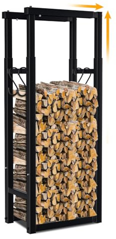 Vkechh Étagère à bois de cheminée réglable en métal noir - 9 tailles - Étagère à bois de chauffage avec 4 crochets pour l'intérieur et l'extérieur
