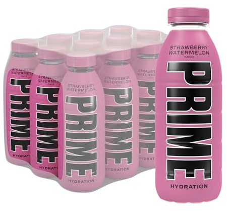 PRIME Hydration Strawberry Watermelon, Bebidas deportivas, Electrolitos mejorados para reponer líquidos, 250 mg de BCAA, vitaminas B, antioxidantes, bajo contenido en azúcar, 16,9 fl oz, paquete de 12