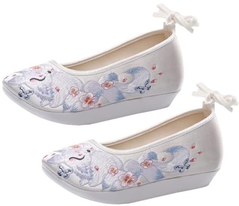 KOMBIUDA Zapatos Étnicos para Mujer con Cuña Interna Bordados Seda de Estilo Chino Retro Gruesa Antideslizante para Hanfu y Vestuario Festivo Talla Color Blanco