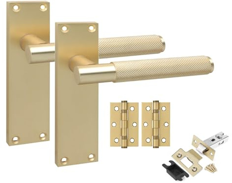 Golden Grace 1 Pair Victorian T-Bar Knurled Internal Door Handle Sets Satin Brushed Brass 150 x 40mm with 2.5 Latch & Hinges