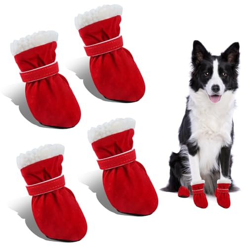 Bottes Chien Hiver, 4 Pièces Chaussure Chien Neige, Chaussures pour Chiens Antidérapant et Chaud, Bottes pour Chien de Protection, Convient Aux Chiens de Petite, Moyenne et Grands (Rouge, XL)