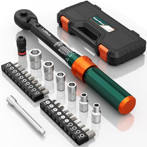 NADOKHI Llave Dinamométrica 1/4, 1-25Nm, Precisión ±3%, 72 Dientes Doble | Torque Wrench Set con Barra de Extensión de 100mm, Adaptador, Bits, Vasos, para Reparación y Mantenimiento de Bici