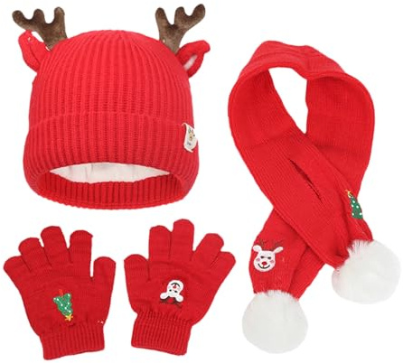 Bonnet de Noël, écharpe, gants, ensemble d'hiver chaud pour enfants, motif sapin de Noël, bonnet de renne, écharpe, gants pour tout-petits, garçons et filles âgés de 1 à 8 ans (rouge, taille unique)
