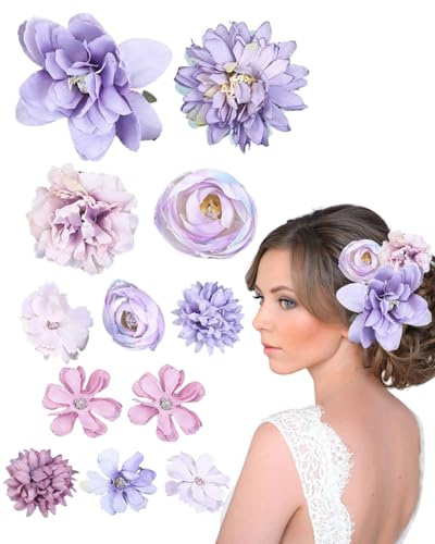 SOVYTH Fermaglio per capelli a fiori, 12 pezzi, multicolore, con fiori artificiali, per feste, spiaggia, matrimoni, decorazioni per eventi (blu viola)