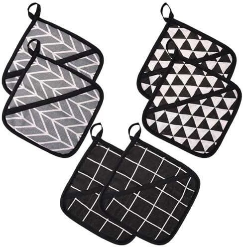 6 Pieces Kitchen Pot Holders, 18 x 18 cm Oven Square Hot Pads with Pocket, Cotton Pot Holders with Hanging Loop, Easy to Hang, Hot Pans Cotton Pot for Cooking, Baking, Kitchen Accessories(Black,Grey)