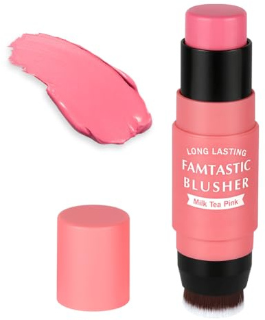BUTBU Blush Stick 2 en 1, Fard à Joues en Stick Double Extrémité avec Pinceau Intégré, Blush Crème Haute Pigmentation Longue Durée, Stick Maquillage Polyvalent pour Joues et Lèvres（01Thé au lait rose）