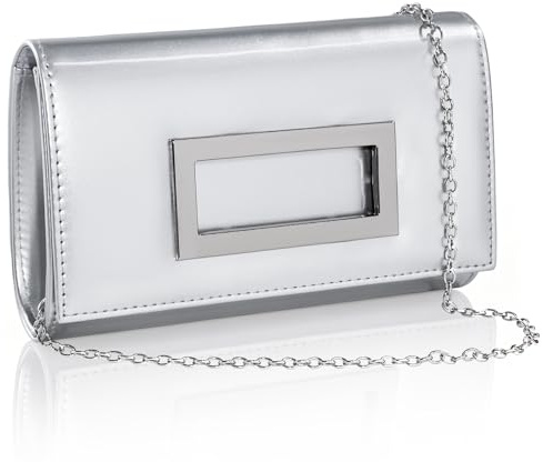 Toptime Damen Clutch, Glänzende Lack Leder Handtasche Damen mit Abnehmbarer Kette, Elegante Umschlag Abendtasche mit Quadrat-Ausschnittschnalle, Mode Umhängetasche für Hochzeit Party Prom (Silber)