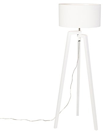Qazqa - Modern Stehlampe Stativ weißes Holz mit weißem Schirm 50 cm - Puros I Wohnzimmer I Schlafzimmer - Länglich - LED geeignet E27