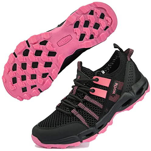 Ranberone Chaussures de Sport en Plein Air Antidérapantes Chaussures Eau en Maille Respirante Chaussures de Randonnée Chaussures de Marche Été pour Femme Rose Noire 44