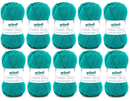 Gründl Cotton Quick Uni stickgarn/virkgarn, (färgglatt garn av 100% bomull, OEKO-TEX certifierad, nåltjocklek: 3 – 4) 10 x 50 g smaragdgrön