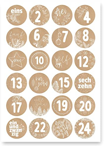 Adventskalender Aufkleber (Zahlen 1-24) - Sticker für Kalender zum selber basteln für Weihnachten - Adventskalenderzahlen Etiketten selbstklebend - Zahlenaufkleber - Nummern für Papiertüten - Rund