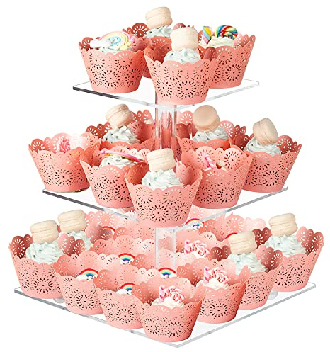 Boxalls Alzata per cupcake, a 3 ripiani, quadrata, in acrilico, trasparente, per dessert, pasticceria, matrimoni, compleanni, feste a tema, baby shower