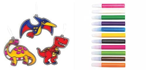 Baker Ross Dinosaur Suncatchers (Pack of 8)(AR391) and Suncatcher Paint Pens Bumper Pack (Pack of 12)(AT943)