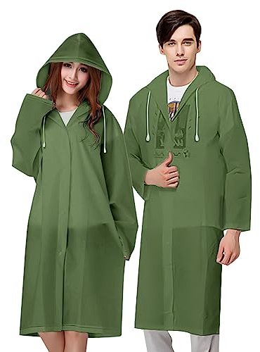 Vicloon Vattentät regnrock, 2 Pack Vattentät Regnponcho Återanvändbar med huva och ärmar, Unisex EVA Poncho för resor, vandring och utomhus, Grön armé, M