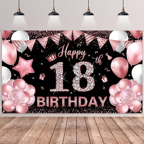 18.Geburtstag Banner Roségold Schwarz,BTZO 18.Geburtstagsbanner,Deko 18 Geburtstag Dekoration Banner Hintergrund für 18 Mädchen und Jungen Geburtstagsfeier Deko