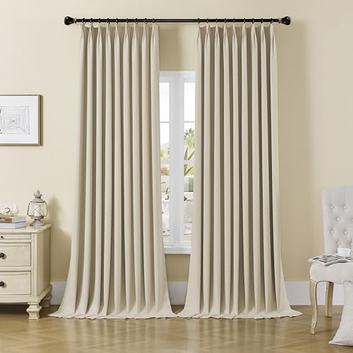 YGHYYF Beige Pinch Pleat Curtains 96 Inches Long for Living Room Bedroom, 75% Blackout Double Pinch Pleated Drapes with Hooks and Tieback for Sliding Glass Door, 54 x 96, 1 Panel
