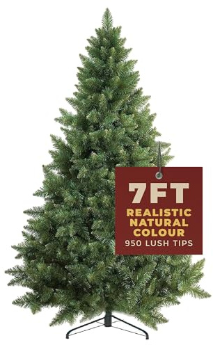 Festive Fix Artificial Christmas Tree 7FT – 950 Tips Large Bushy Green Xmas Tree with PVC Branches, Strong Metal Stand – Easy Assembly 7 Foot Christmas Tree for Holiday Décor