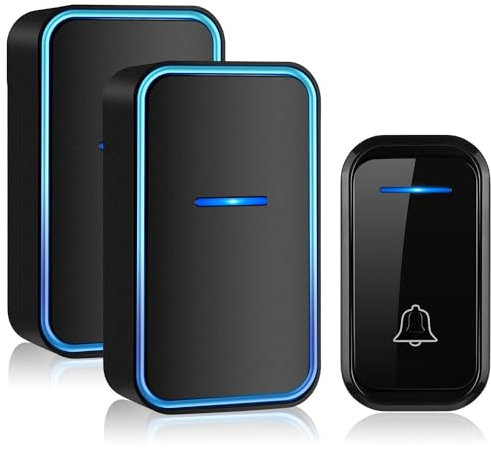 Wireless Doorbell, IP55 Waterproof Doorbell Kit, 2 Receivers, Plug-in Wireless Doorbell, 300M/1000FT Range, LED Flash, Black