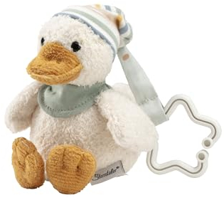 Spielzeuganhänger Ente Edda Lou mit Beanie Mütze, Kuscheltier mit Aufhängung Stern für einfache Anbringung am Kinderwagen, Babyschale oder Laufgitter
