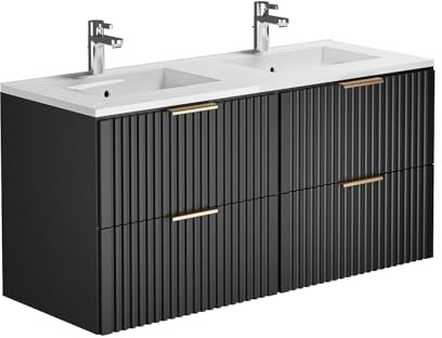 Vente-unique-Mobile per bagno sospeso con scanalature e lavabo da incasso 120 cm Nero - ZEVARA