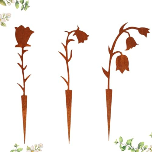 Estacas de silueta de flores de metal, 3 piezas de adornos de jardín de metal oxidado de lirio del valle, estacas decorativas de flores de patio simuladas para primavera, cumpleaños, Pascua,