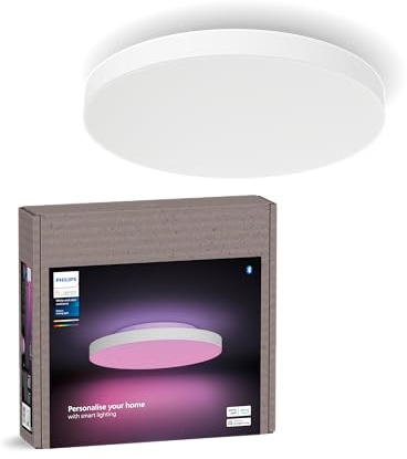 Philips Hue Datura Smart Ceiling Panel, Liten Rund 38.4 x 38.4 cm, Vit och Färgad Belysning, Bluetooth-Kompatibel, Röststyrning med Alexa, Apple Home och Google Assistant | Rund ansluten taklampa, 3 300 lm, dimbar RGB LED, ramlös design, bakgrundsbelysning, bluetooth, röststyrning och via app