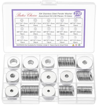 Bates- Fender Washers Assortment Kit, 230 pcs, Stainless Steel Flat Washers, 15 Sizes(M3-M12), Stainless Steel Fender Washers, Flat Washer, Large Washer Fender Washer Assortment, Assorted Washers