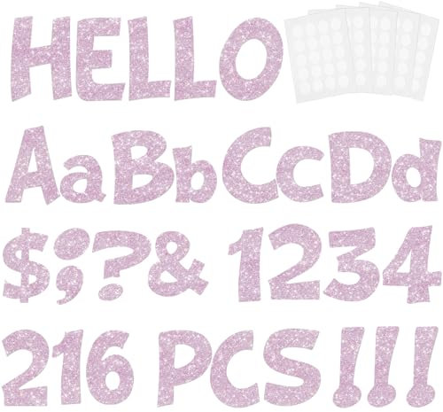 216 lettere glitterate per bacheca, numeri e punteggiatura, lettere dell'alfabeto in cartone ritagliate per poster, accessori per bacheca, accessori per esposizione e decorazione, 10,2 cm (rosa)