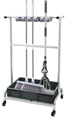 Mop Broom Holder, Movable, 10 Holders + 12Hooks Mobile Cleaning Trolley, Mop Holder with bottom tank, Garden Tool Organiser Stand for Dry Towels, Brooms, Mops, Brushes
