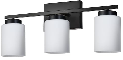 VINLUZ Black Bathroom Vanity Light,3-Light Modern Wall Sconce Lighting with Milky White Frosted Glass Shades Bath Vintage Wall Mounted Lamps for Mirror, Living Room