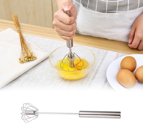 Stainless Steel Semi-Automatic Whisk, Schneebesen Edelstahl, Halbautomatischer Schneebesen aus Edelstahl, Drehbarer Push Mixer Rührer zum Schneebesen, Schlagen, Rühren (Silber, 10in)