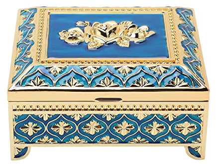 Aladeno Vintage-Schmuckkästchen aus Metall, rechteckig, Rose, Schmuckstück, Aufbewahrungsbox, Schatztruhe, Organizer, europäischer Stil, Andenkenbox, Ohrringe, Halskette, (Blau)