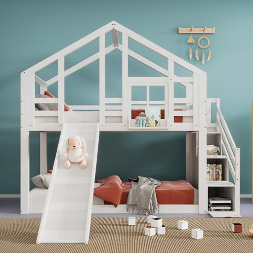 Cayipng Letto a castello per bambini con scivolo e scala 90 x 200 cm,letto a soppalco matrimoniale per bambini,con cassetto e protezione anticaduta,2x reti a doghe - 2 posti letto,bianco