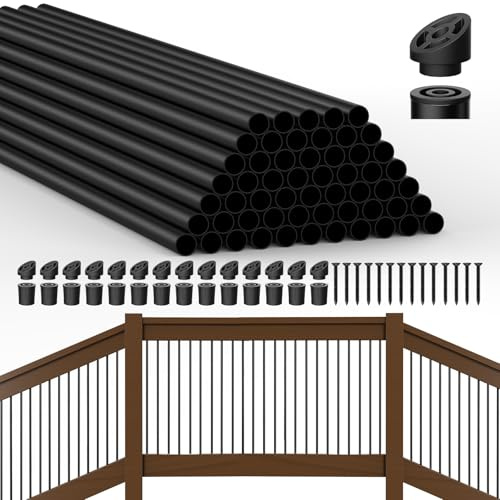 HYPERGIANT 56 Pack 26 Aluminum Deck Balusters,3/4 Round Deck Railing Spindles with Conectors and Screw,Hollow Metal Deck Balusters for Railing Fencing Porch,Black Deck Stair Spindles for Staircase