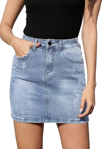 JayscreateEU Jupe d'été en jean pour femme - Mini jupe étroite avec poche - Jupe trapèze avec ourlet de poche - Jupe avec franges, Bleu + 1, L