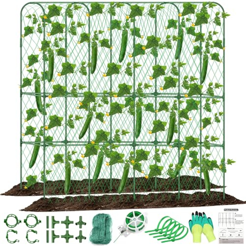 Gurken Rankgitter für Hochbeet 1,6x1,7m U-Form Einstellbar Metall Garten Rankgitter für Kletterpflanzen Outdoor mit Kletternetz Gemüsebogen Rankhilfe Pflanze für Tomaten Erbsen Obst Kürbis Rankgitter