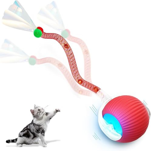 Interaktives Katzenball Spielzeug, Katzenspielzeug Elektrisch, 360° Automatisch Hundeball Elektrisch, Katzenball mit LED-Licht, Interaktives Katzenspielzeug mit Libellenschwanz Unregelmäßige Bewegung