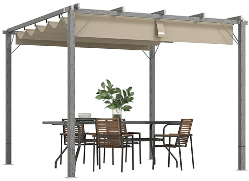 Outsunny 3 x 3(m) Garden Pergola with Retractable Roof Canopy and Wood Grain Aluminium Frame, Outdoor Gazebo Pergola Kit, UPF30+ Sun Shade Shelter for Deck, Porch, Grey