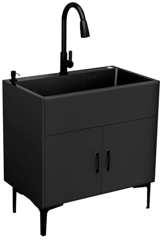 Évier Inox de Cuisine 1 Bac avec Robinet Rétractable,Meuble Sous Evier Exterieur,Lavabo avec Armoire de Salle de Bain sous Vasque,Plonge Inox Professionnel,Meuble Lave-Mains,pour Buanderie(Nero,68x45x