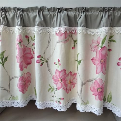 A.Monamour Gardine Scheibengardinen Kurzstores Baumwolle Bauernhaus Rustikal Vintage Rosa Blumen Floral Weiß Spitze Kurzgardinen Küchengardine Volants Küche Fenster Cafe Kurz Vorhang Bistrogardine