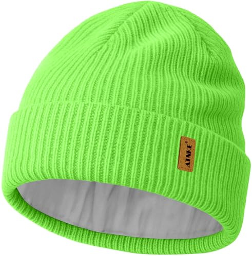 ATNKE Unisex stickad mössa hatt, stretchig tjock varm fleecefodrad dagligen vinter mjuk manschett ullig skalle keps gåvor för män pappa och kvinnor, Självlysande grönt, one size