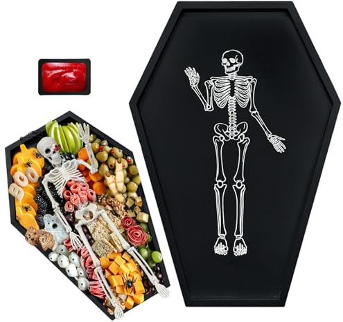 OurWarm Wood Halloween Charcuterie Board, Black Coffin Serving Trays and Platters with Skeleton and Dipping Saucer, Spooky Halloween Tray for Food Snack Candy Cheese Party Serving Dishes