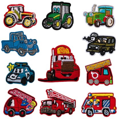 MEZHEN Auto Patch zum Aufbügeln Bügelflicken Kinder Traktor Feuerwehrauto Bestickt Aufbügler Patch für Kleidung Applique Flicken Patches DIY T-Shirt Jeans