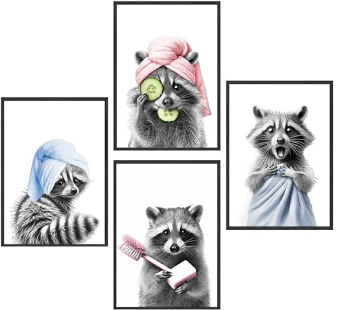 Cumnvulnt 4 Stück Waschbär Wandkunst Leinwandposter, Bad & WC Deko und Poster Toilette, Lustige Badezimmer Bilder, Humorvolle Wandbilder für Badezimmer, Wohnwagen & Mehr, A4 (30×21cm)