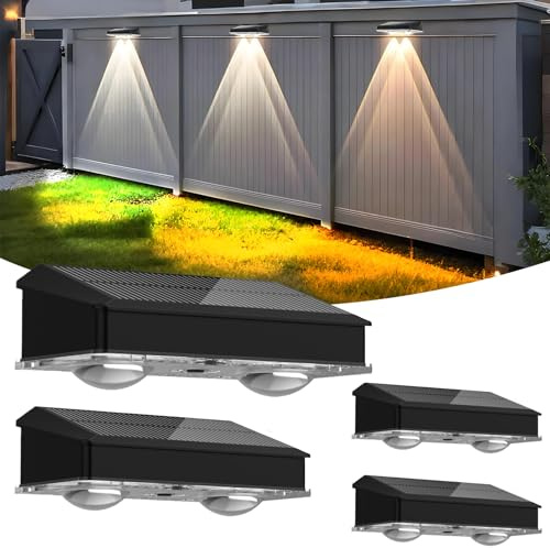 Hqynss Solar Lights Outdoor Garden, 4 Pack Solar Fence Lights IP65 Waterproof, 3 Color Modes (Warm Light/Warm White/White Light), Solar Garden Wall Lights for Patio, Balcony, Garden, Steps, Porch