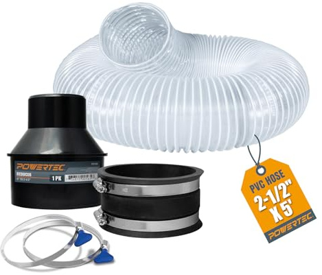 POWERTEC 70493 2-1/2 x 5' PVC Dust Collection Hose w/ 2pcs Stainless Steel Key Hose Clamps, 4 to 2-1/2 Reducer and 4 Dust Control Flex Cuff, for Table Saw, Band Saw, Router Table, Woodworking