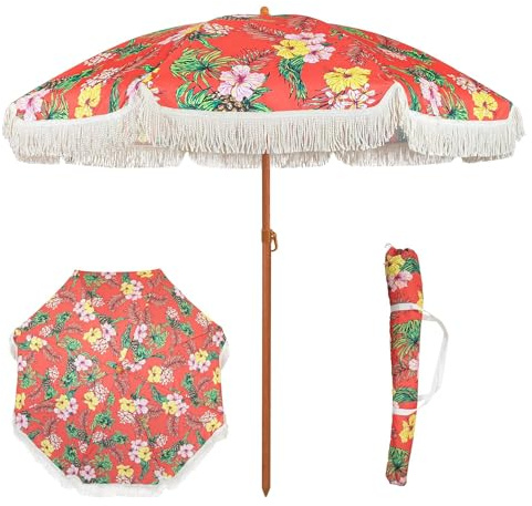 Parasol Frange,Parasol à Frange Parasol De Terrasse À Franges 6 Pi - D'extérieur Blanc for Patio, Piscine, Table, Jardin, Et Plage Mât Inclinable Bouton-Poussoir(Red Tropical)