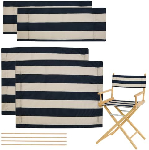 nbeads 2 Satz Faltbarer Regiestuhlbezug, Ersatz Regisseurstuhl Bezüge Sets Mit Holzstäben Für Make Up Drehstühle Dunkelblaue Weiße Streifen 53.5×40.5cm/54×20cm
