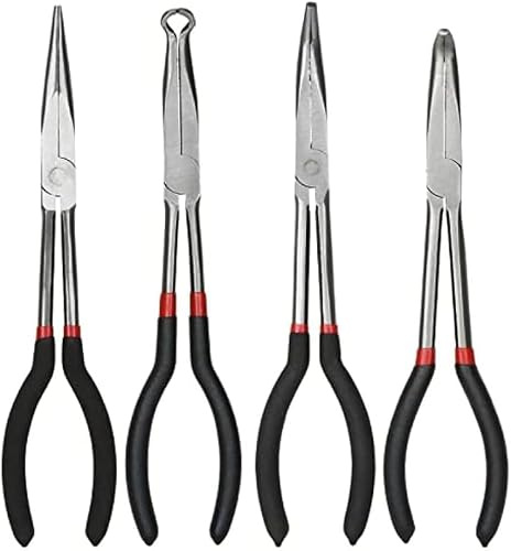 Mautopily 4 Piece Long Reach Pliers Set | 11'' Extra Long Nose, Straight 45°/90° Bent Heads Circle Pliers, Carbon Steel for Heavy Duty Auto, Electrical & Plumbing